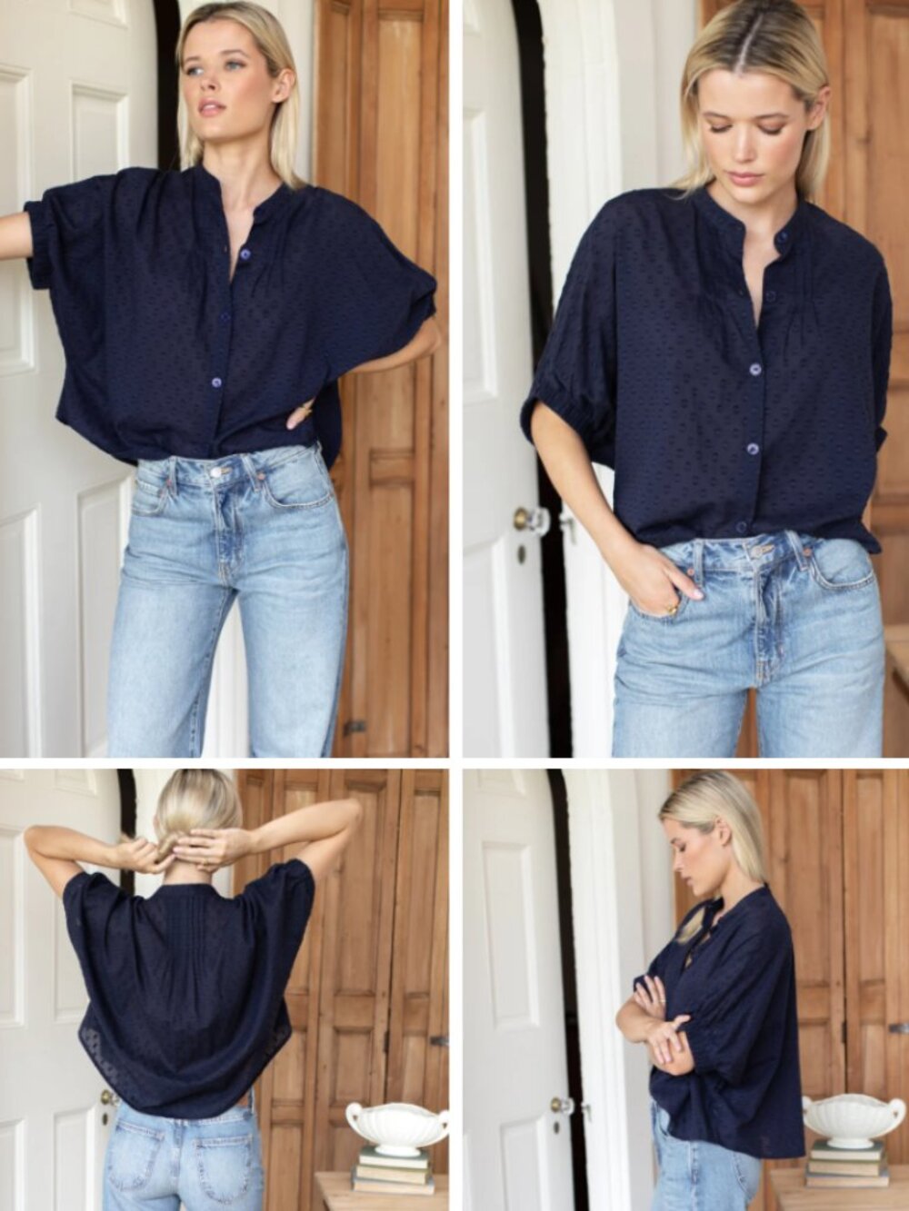 Mandarin Collar Top - Maritime Swiss Dot Organic - One Size